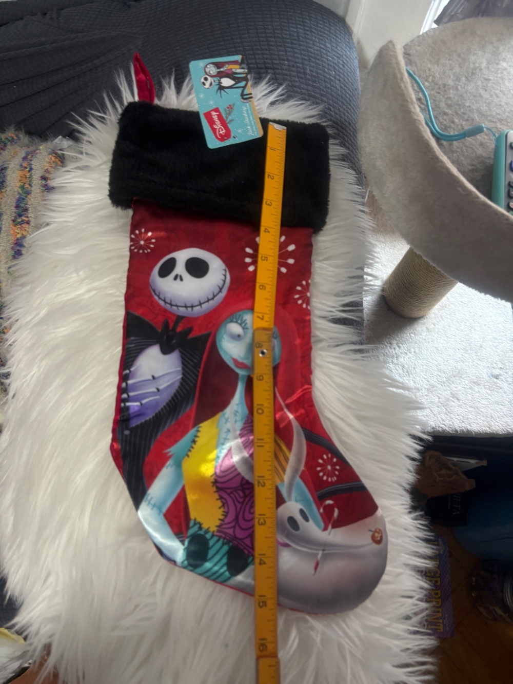 Disney Nightmare Before Christmas Red Satin Stocking with Black faux fur cuff